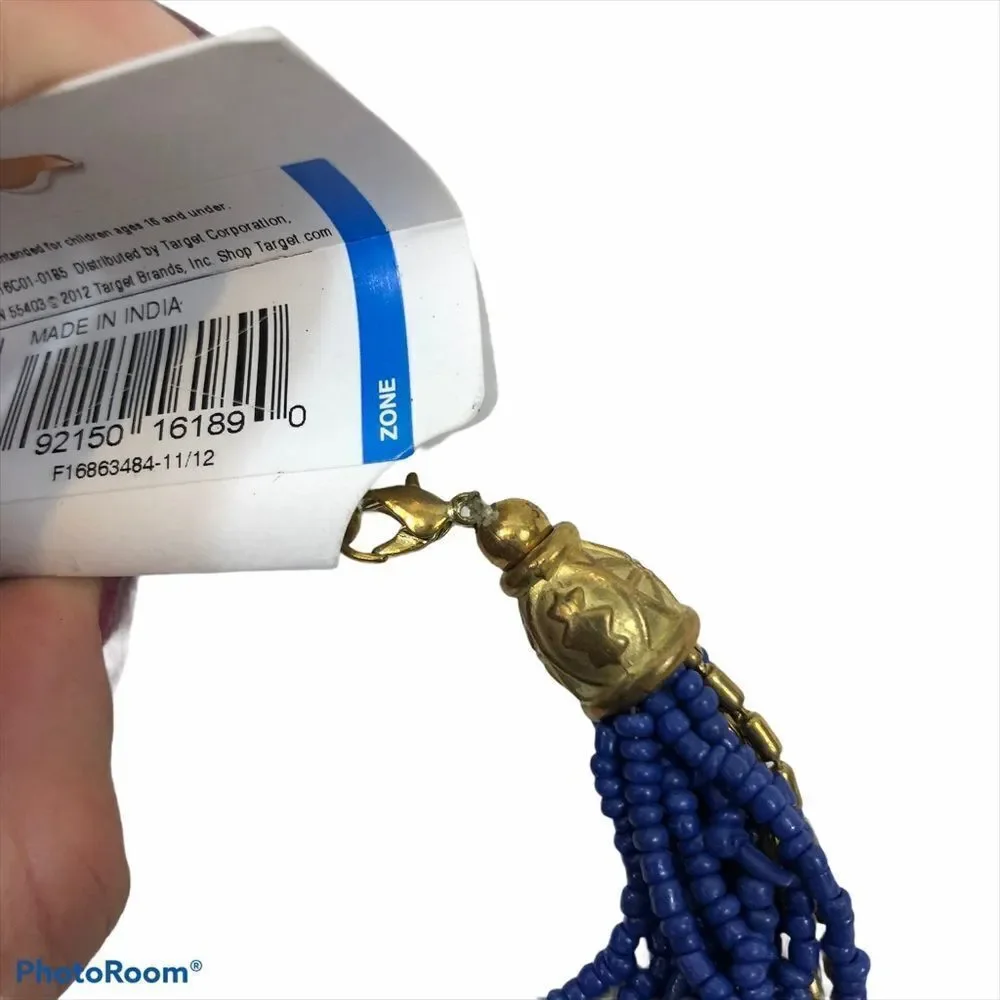 NWT ong Multistrand Blue‎ & Gold Seed Bead Necklace